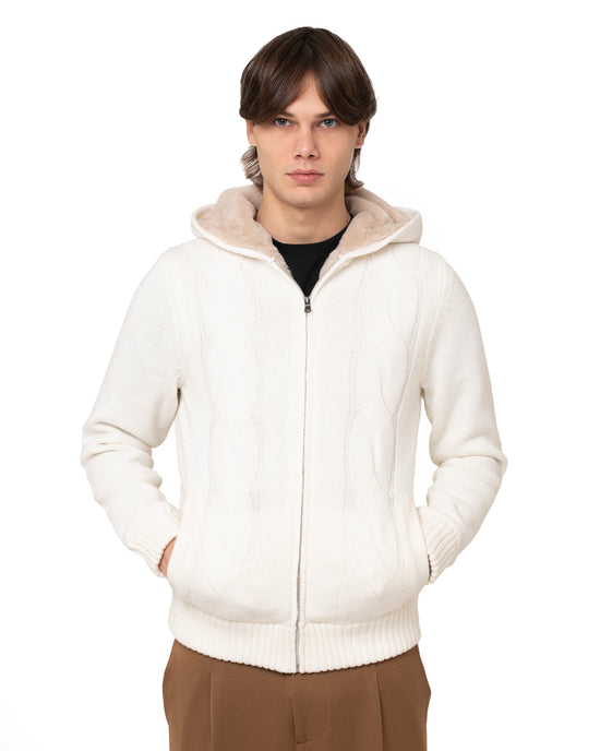 Maglione con cappuccio zip ed interni in pelliccia